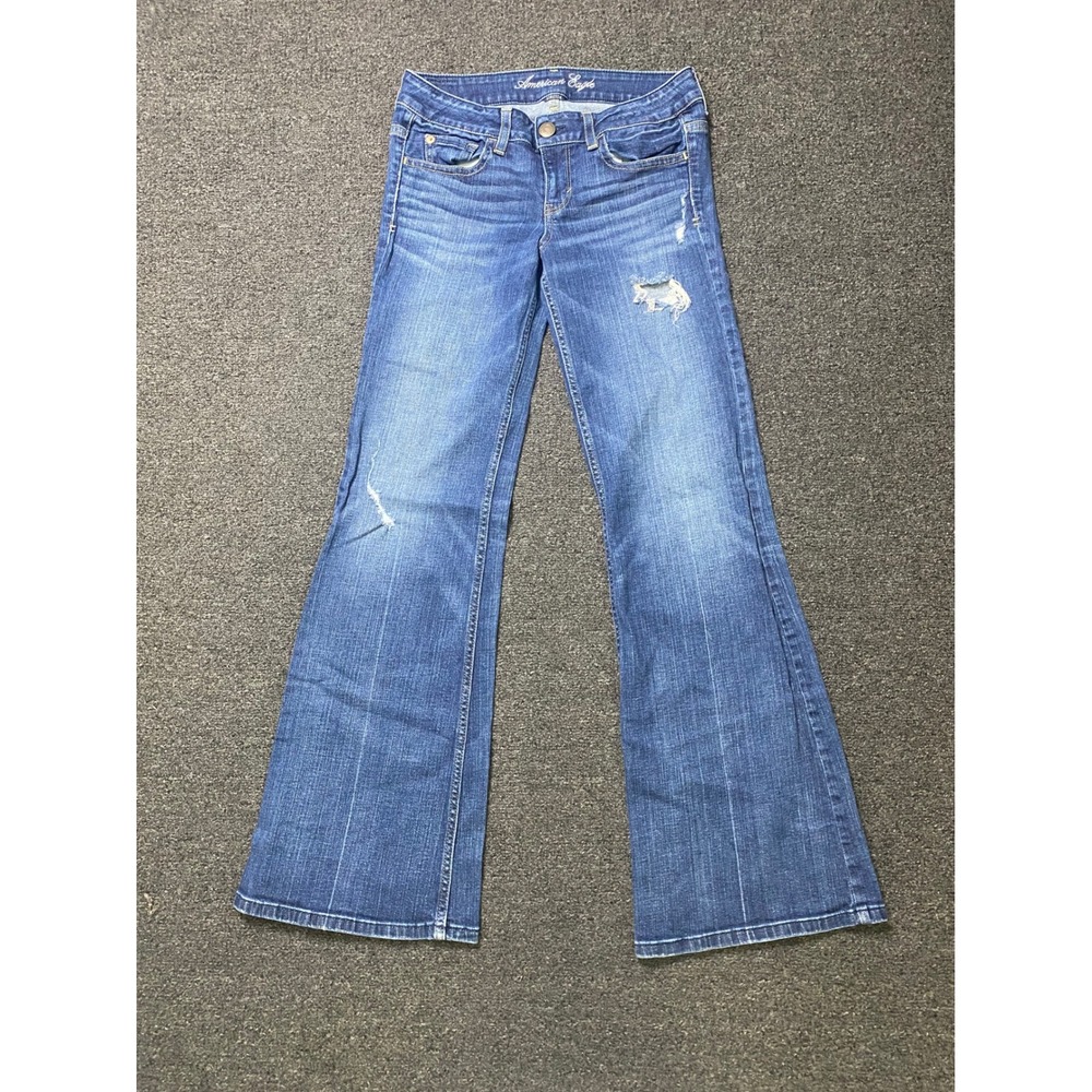 American Eagle Hipster Flare Blue Jeans Womens 4 Regular Distressed Stretch Boho